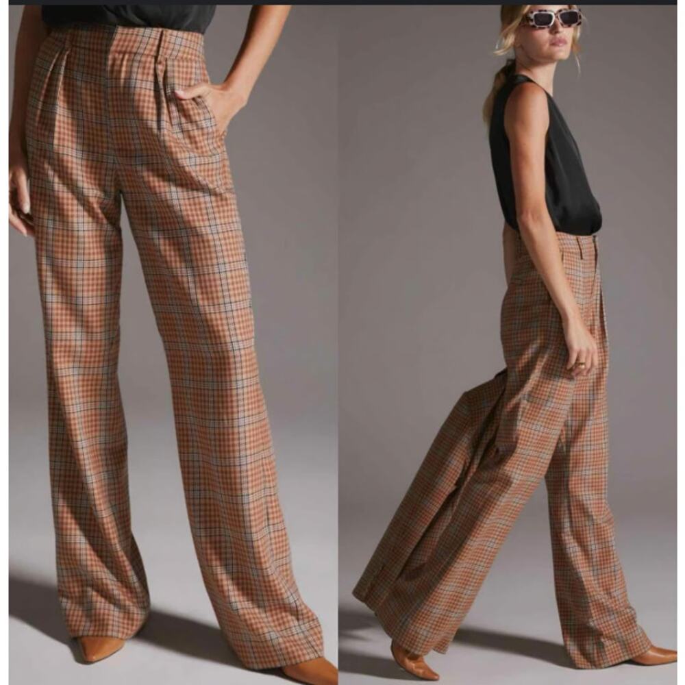 PAIGE Tan Plaid Wide Leg Pants